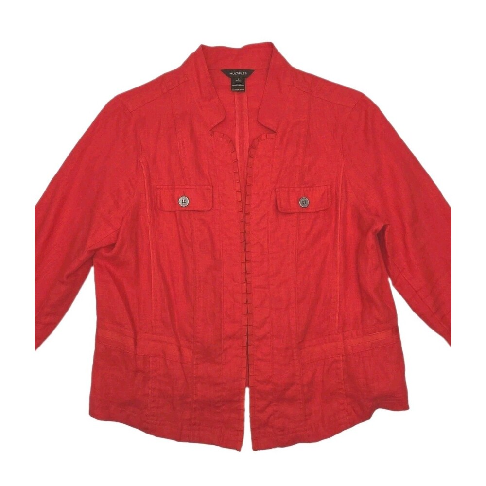 Multiples Jacket Blazer 100% Linen Women Sz Large Red Pleats Peplum Ruffle
